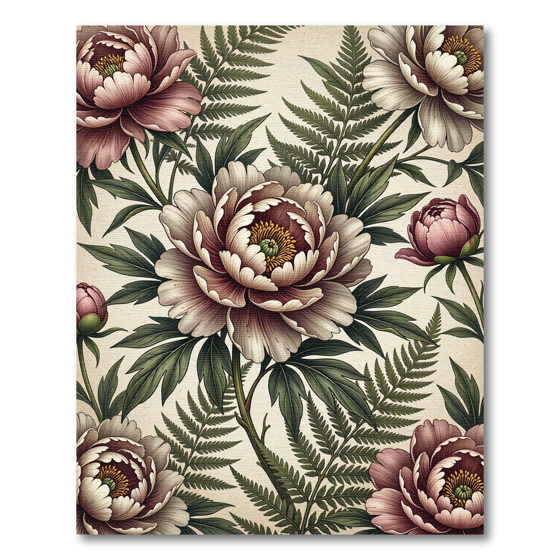 Vintage Botanical Peony Fern Illustration Rug