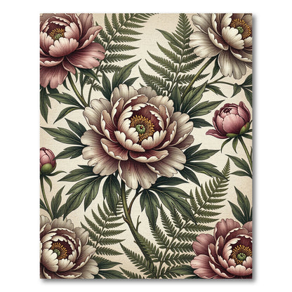 Vintage Botanical Peony Fern Illustration Rug