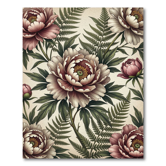 Vintage Botanical Peony Fern Illustration Rug
