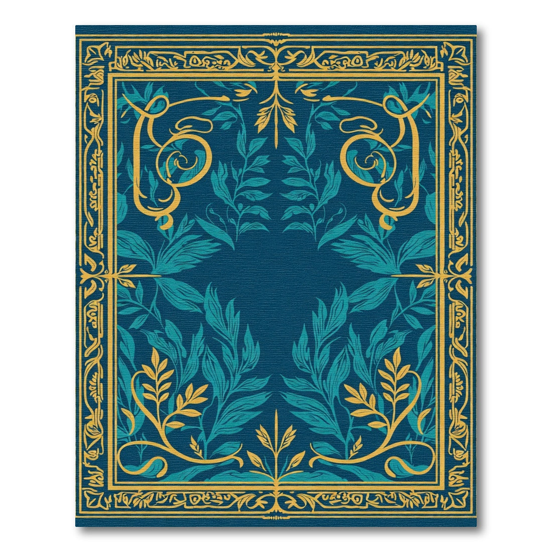 Deep Teal Yellow Floral Art Nouveau Rug