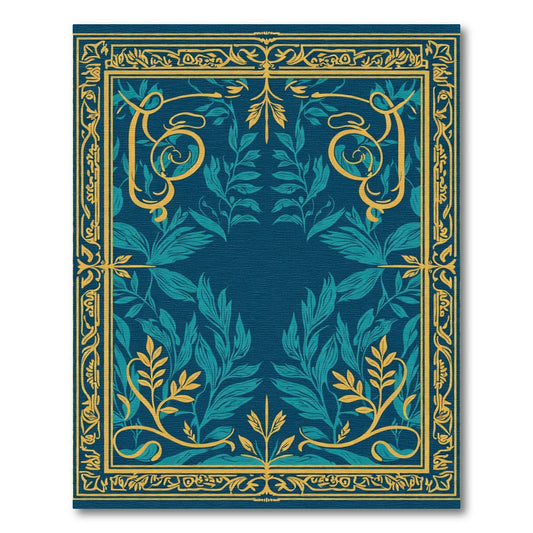 Deep Teal Yellow Floral Art Nouveau Rug
