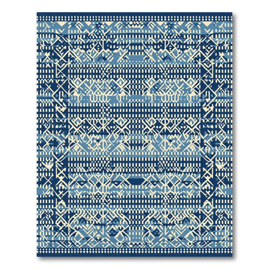 Indigo And Cream Geometric Tribal Rug
