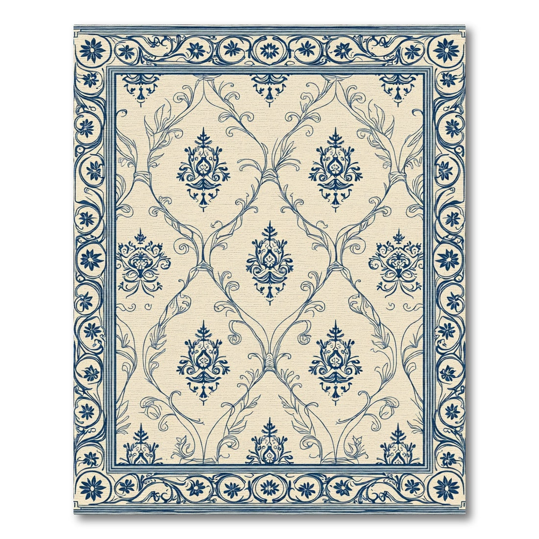 Classic Blue Floral Damask Scrolls Rug
