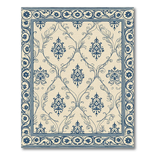 Classic Blue Floral Damask Scrolls Rug