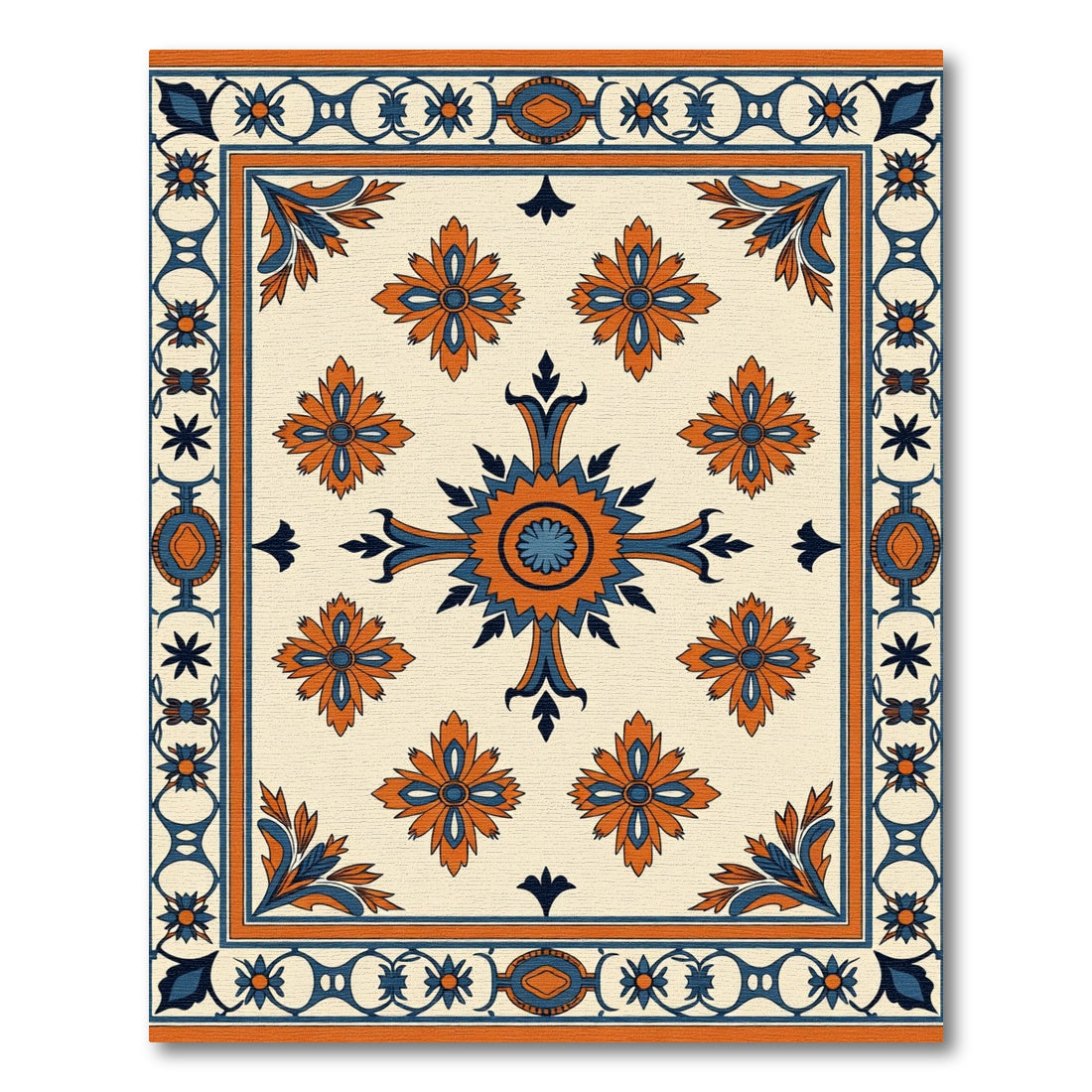 Orange Blue Floral Intricate Border Rug