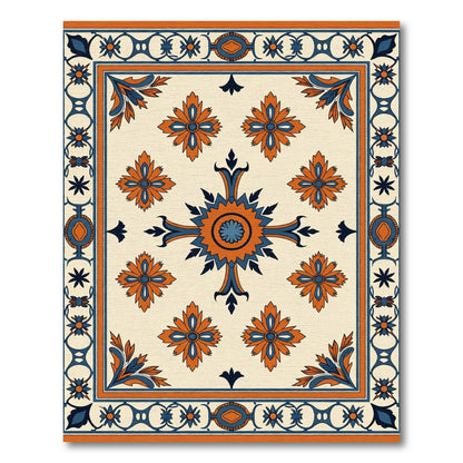 Orange Blue Floral Intricate Border Rug