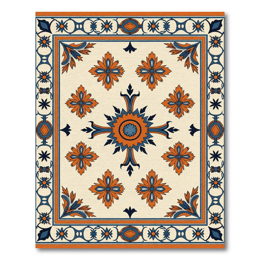 Orange Blue Floral Intricate Border Rug