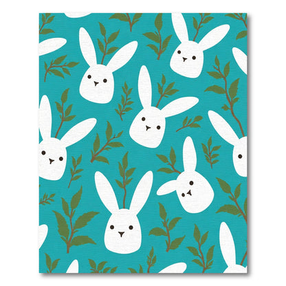 White Bunny Branches Teal Background Rug