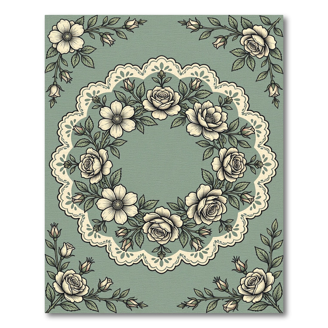 Sage Green Vintage Lace Rose Wreath Rug