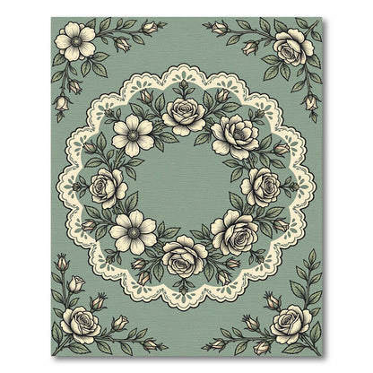 Sage Green Vintage Lace Rose Wreath Rug