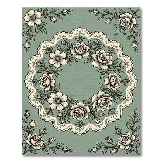 Sage Green Vintage Lace Rose Wreath Rug