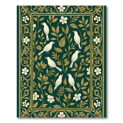 Emerald Green White Bird Floral Border Rug