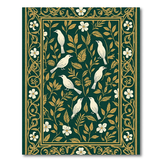 Emerald Green White Bird Floral Border Rug