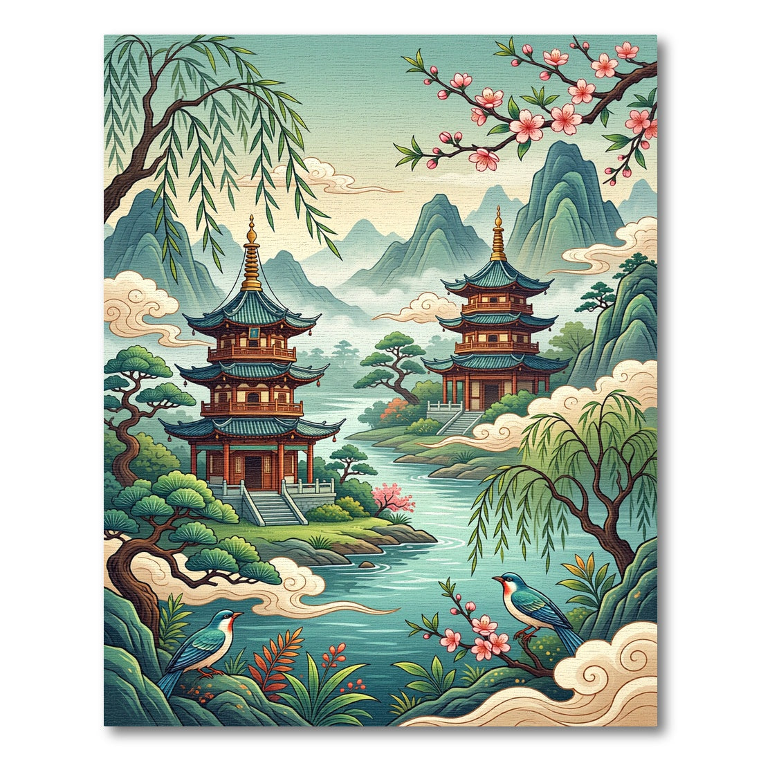 Serene Asian Pagoda Mist Mountain Landscape Rug