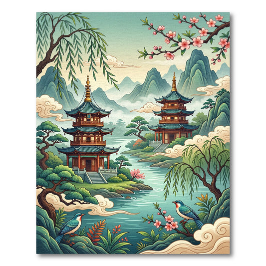 Serene Asian Pagoda Mist Mountain Landscape Rug