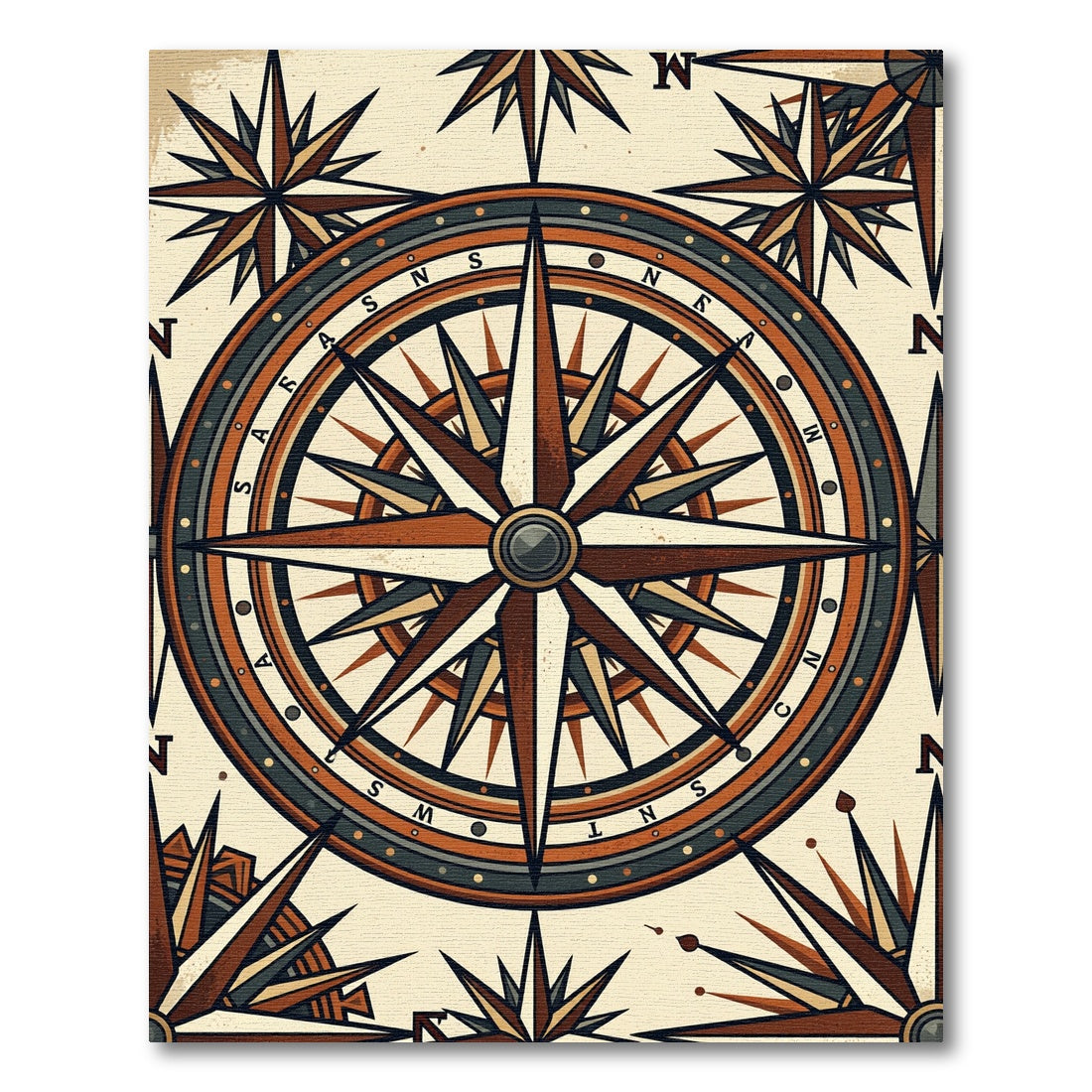 Vintage Compass Rose Earthy Gold Artwork Rug