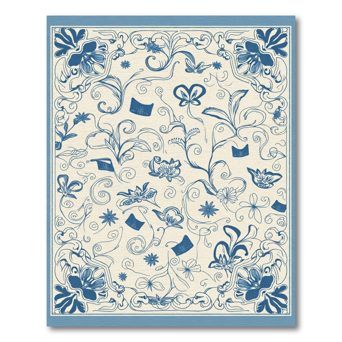 Blue and Ivory Floral Scrolling Vines Area Rug