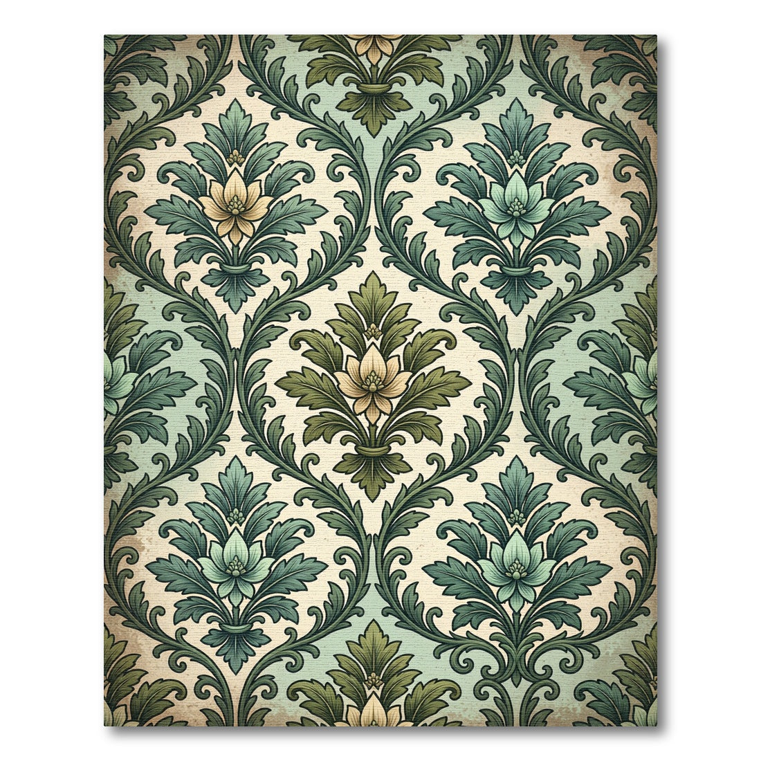 Vintage Green Floral Damask Scroll Rug