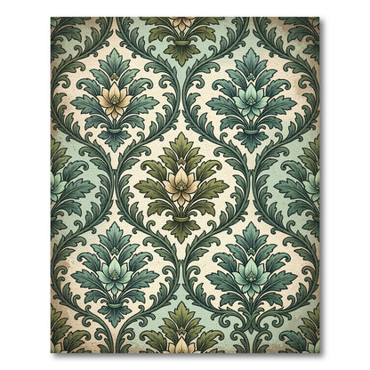 Vintage Green Floral Damask Scroll Rug