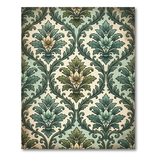 Vintage Green Floral Damask Scroll Rug