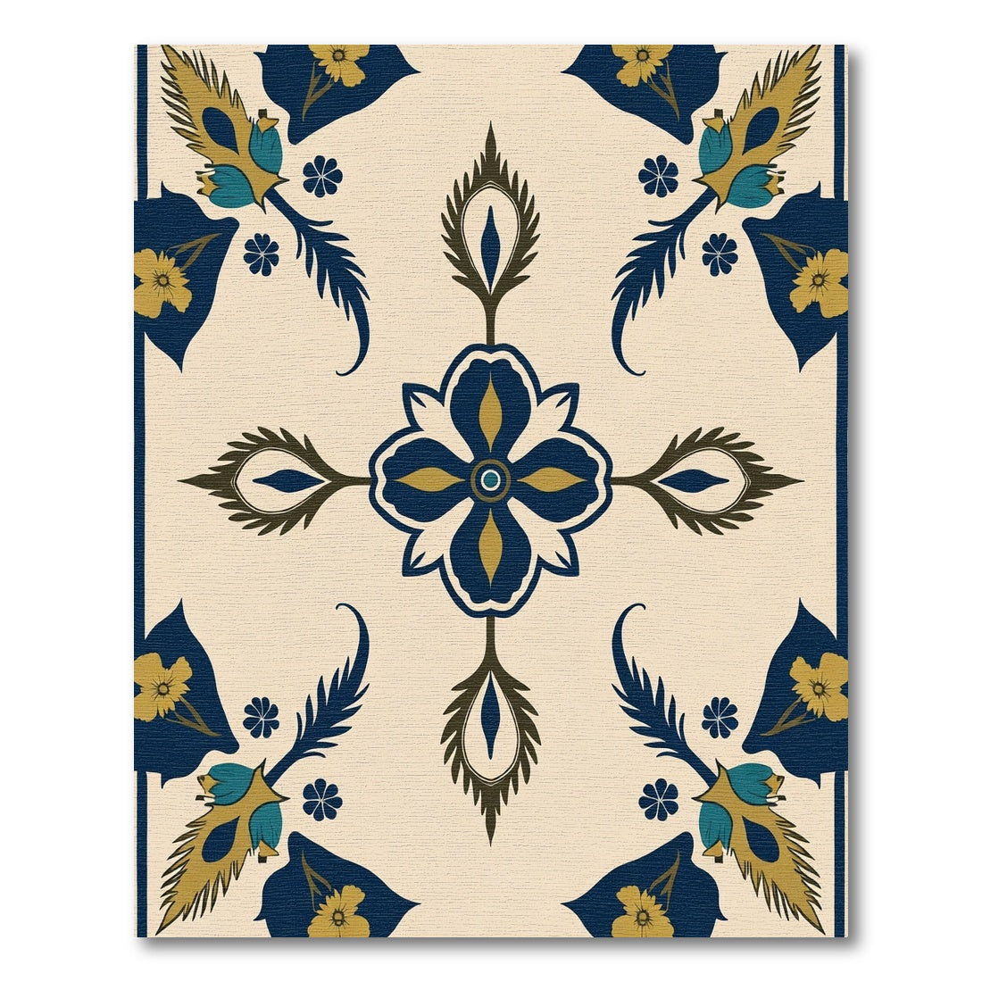 Navy Teal Floral Geometric Medallion Rug