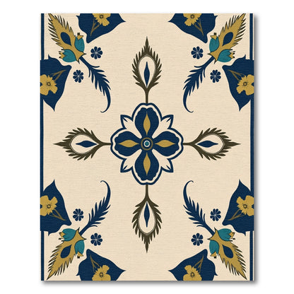 Navy Teal Floral Geometric Medallion Rug