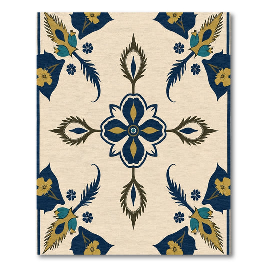 Navy Teal Floral Geometric Medallion Rug