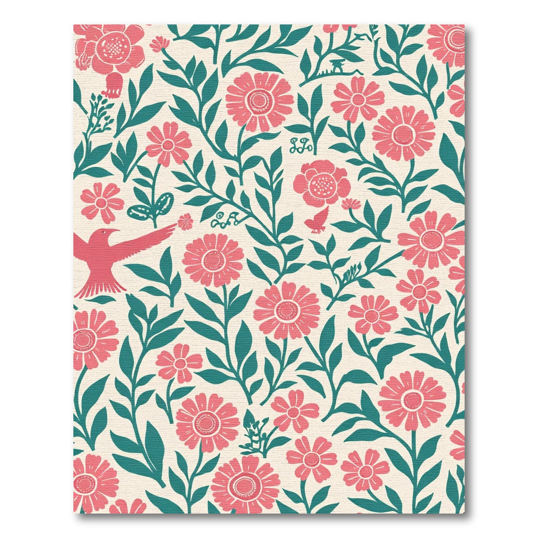 Coral Flowers Dark Teal Vines Birds Rug