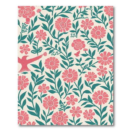 Coral Flowers Dark Teal Vines Birds Rug
