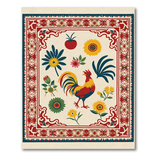 Rooster Floral Border Cream Rug