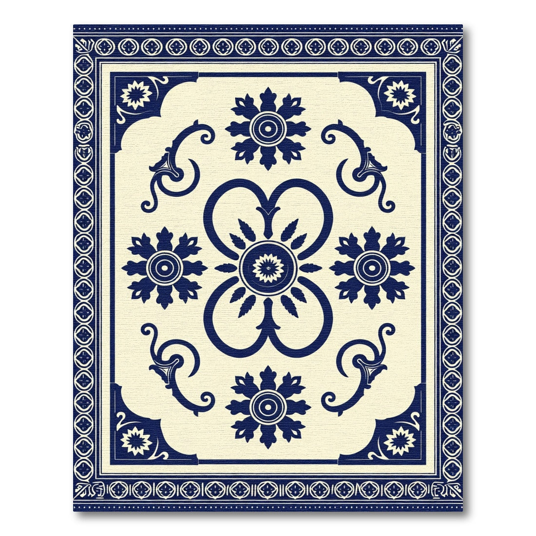 Ornate Blue Ivory Floral Medallion Border Rug