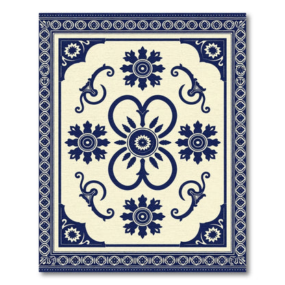 Ornate Blue Ivory Floral Medallion Border Rug