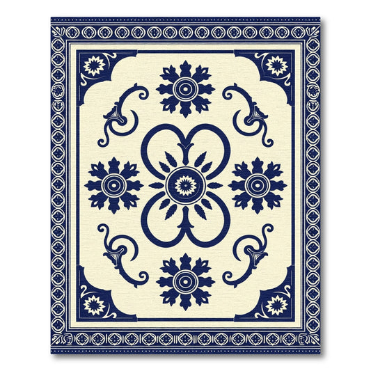 Ornate Blue Ivory Floral Medallion Border Rug