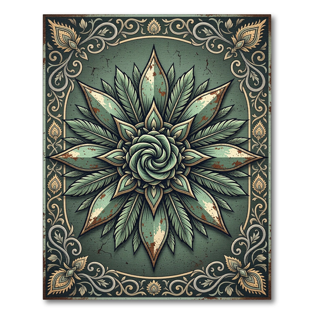 Vintage Sage Botanical Swirl Medallion Rug