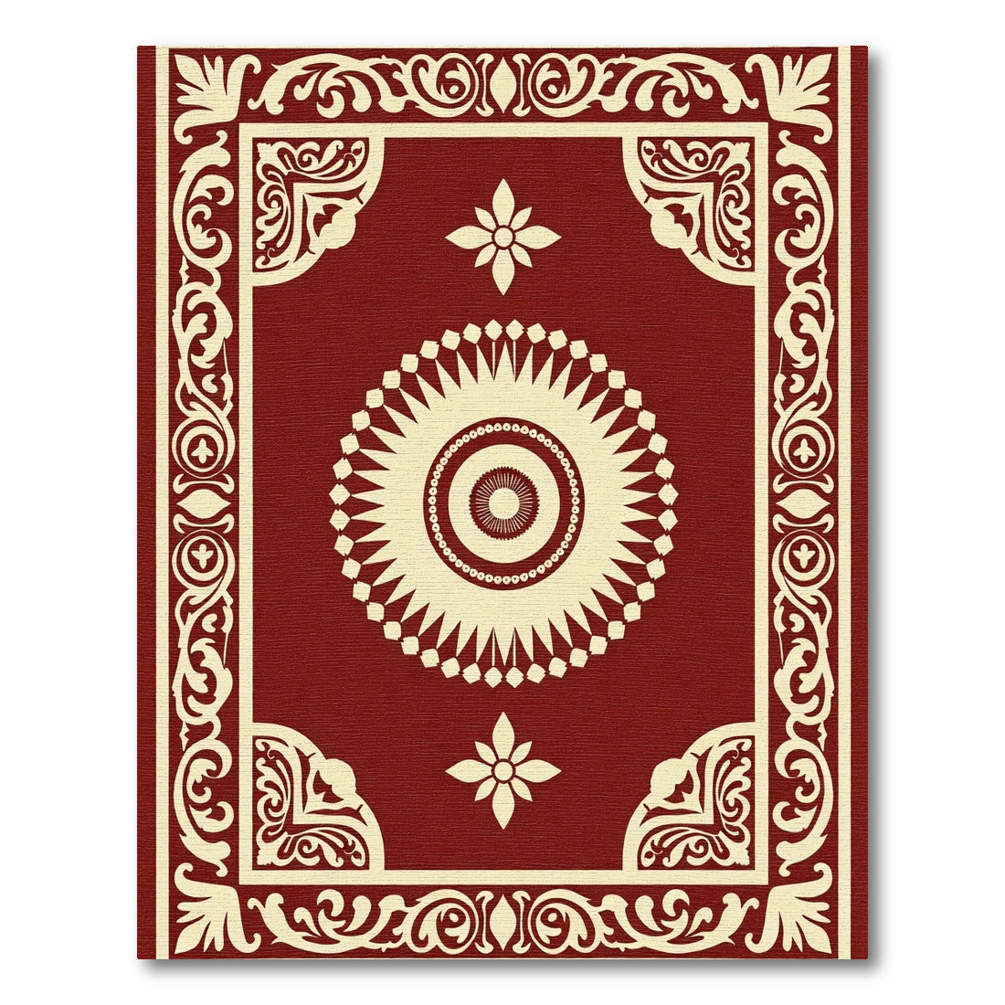Crimson Sunburst Floral Scroll Border Rug