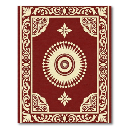 Crimson Sunburst Floral Scroll Border Rug