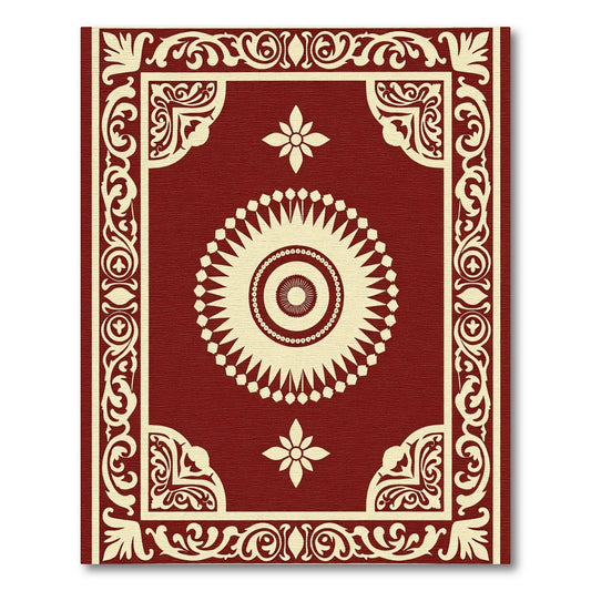 Crimson Sunburst Floral Scroll Border Rug