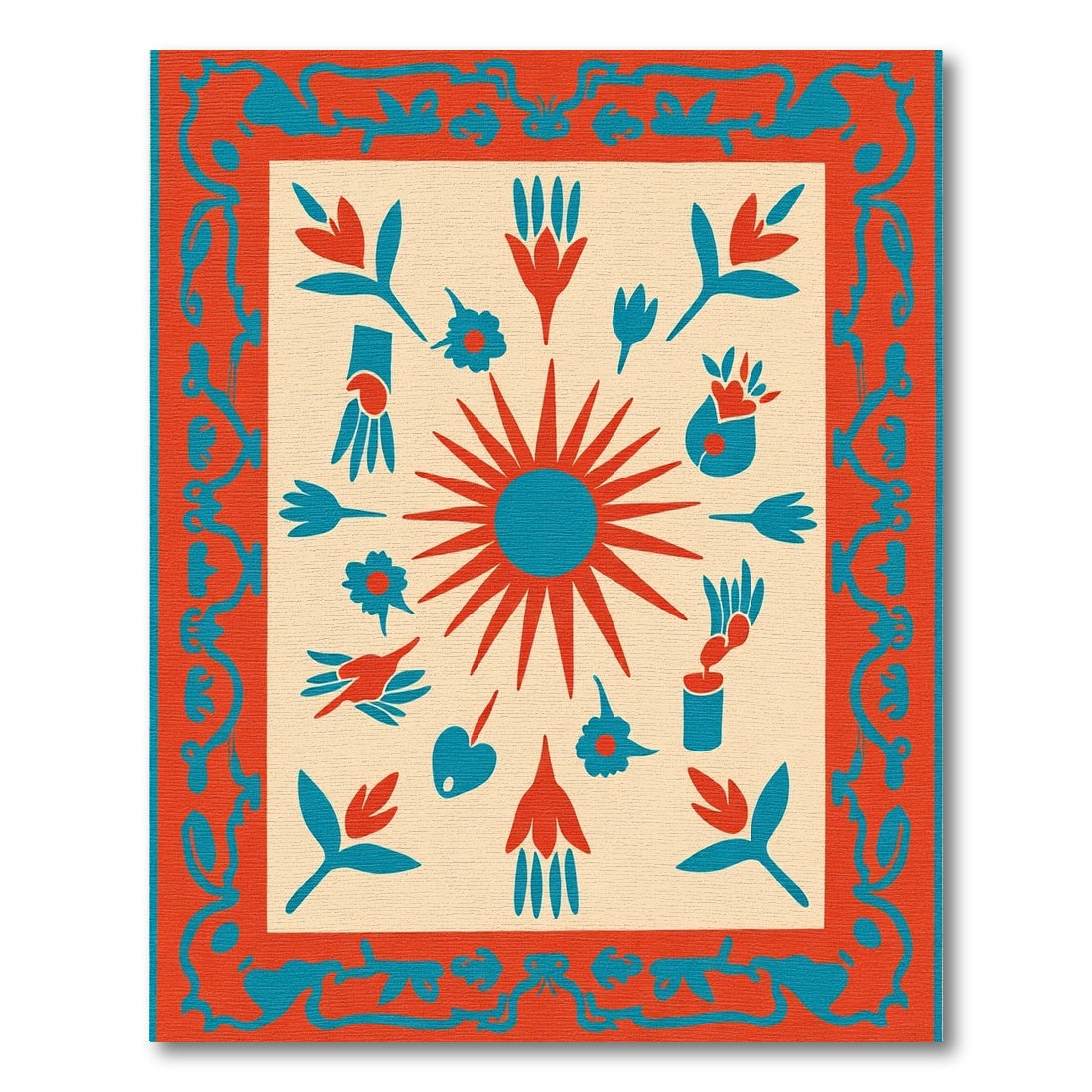 Red Teal Sun Folk Art Rug