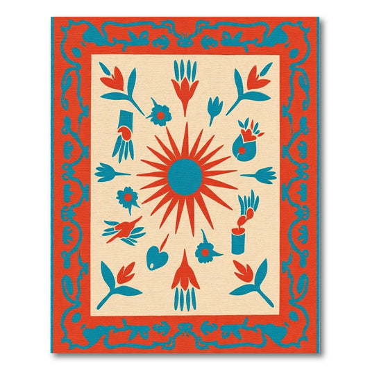 Red Teal Sun Folk Art Rug