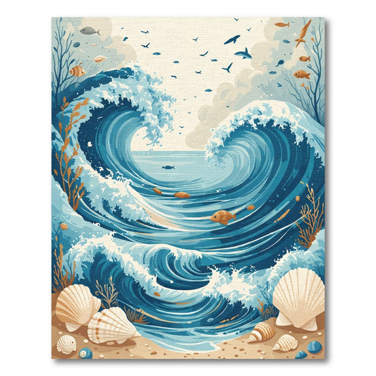 Dynamic Blue Ocean Waves With Fish Rug