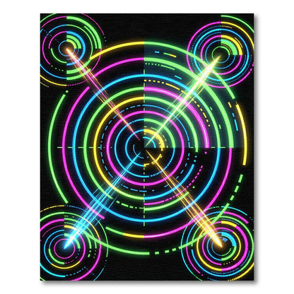 Neon Cybernetic Circular Ray Grid Rug