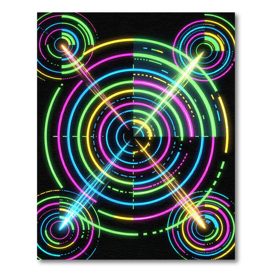 Neon Cybernetic Circular Ray Grid Rug