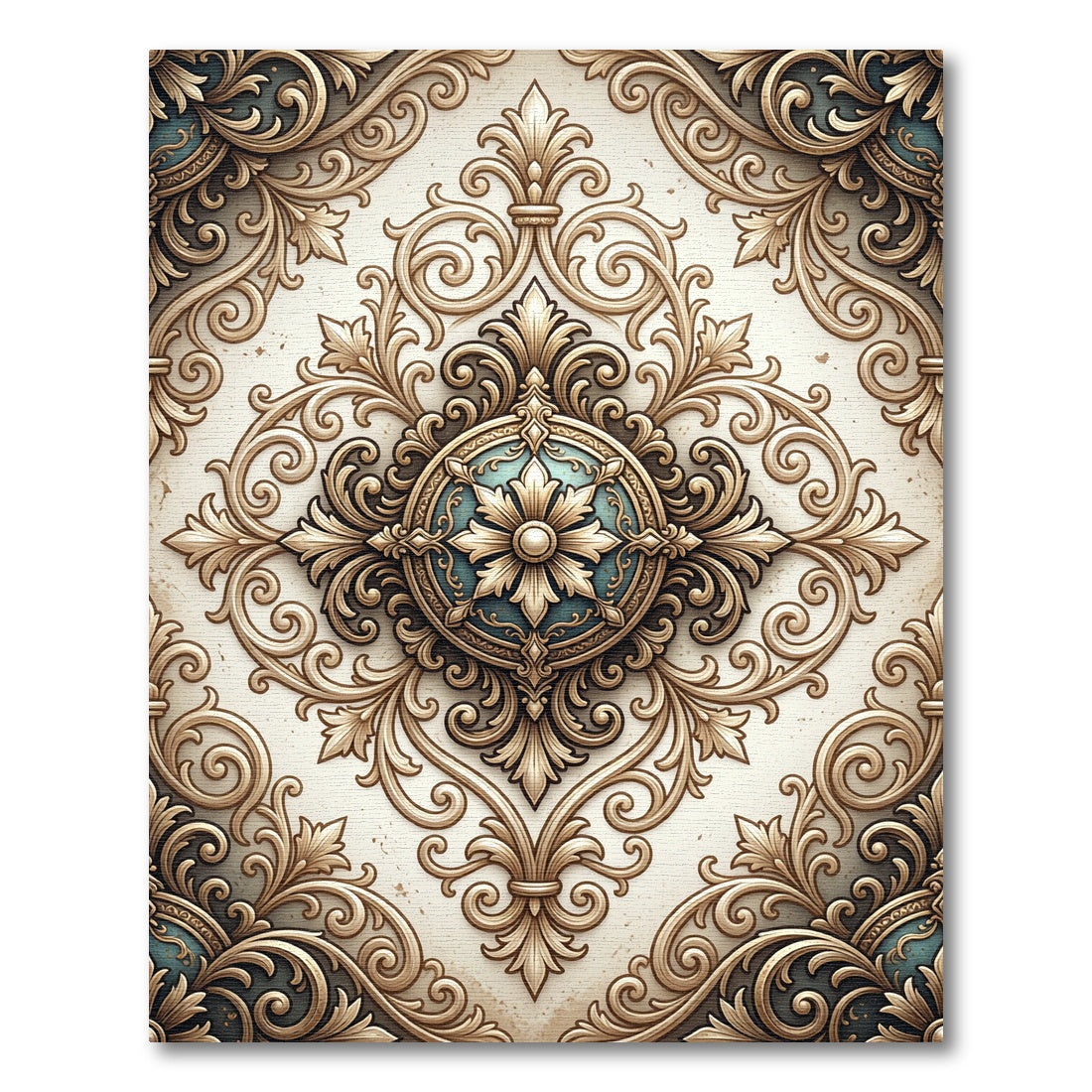 Elegant Gold Scrollwork Medallion Teal Area Rug