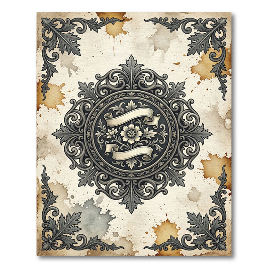 Ornate Monochrome Floral Damask Scroll Medallion Rug