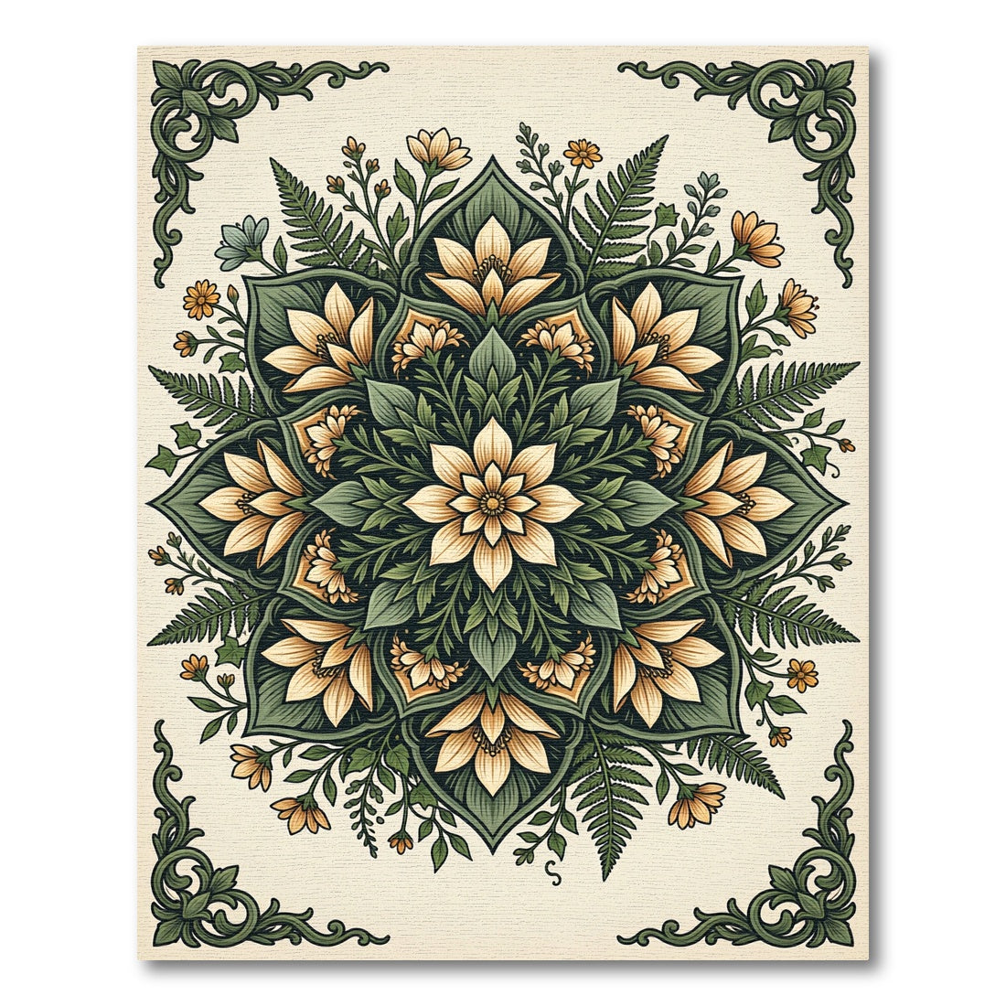Cream Yellow Floral Fern Mandala Rug