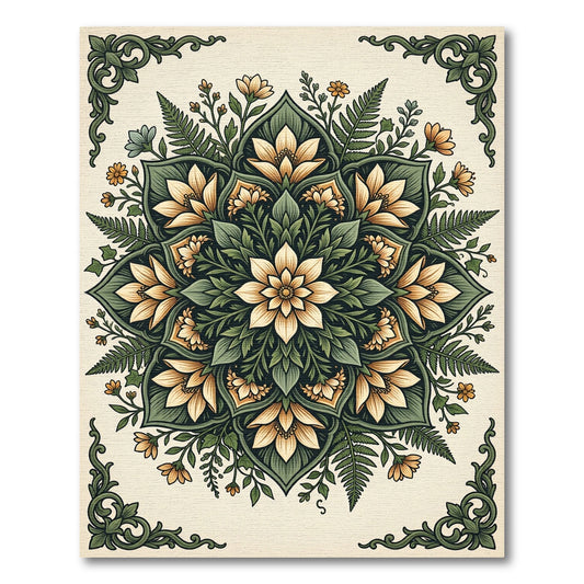 Cream Yellow Floral Fern Mandala Rug