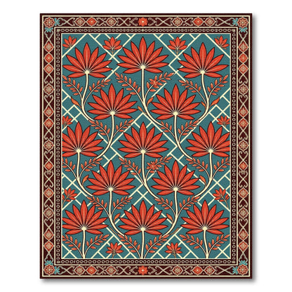 Red Floral Teal Lattice Border Rug