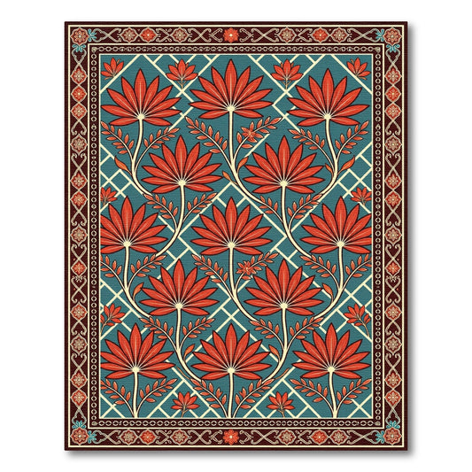 Red Floral Teal Lattice Border Rug