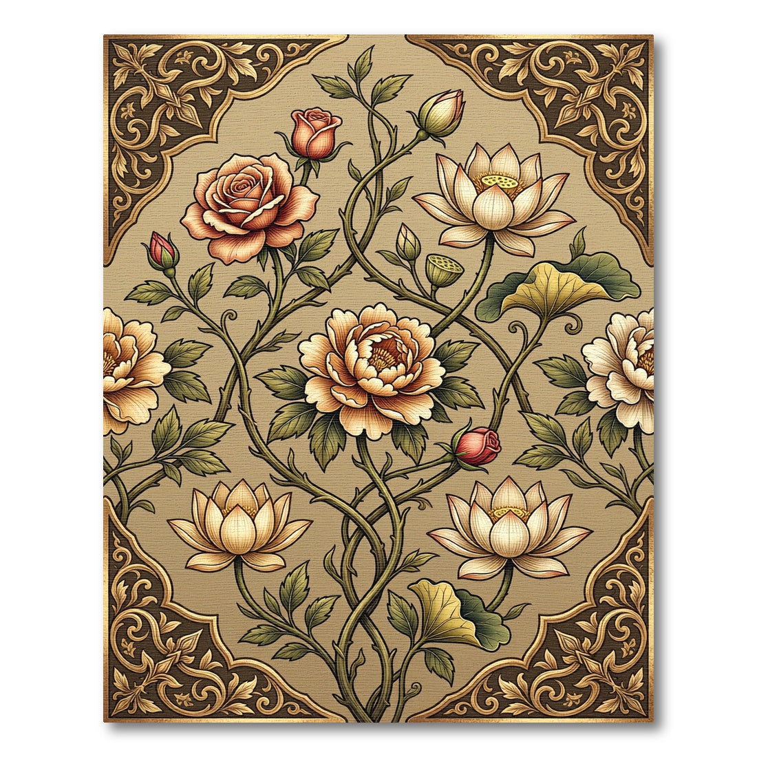 Golden Peach Floral Lotus Vine Rug