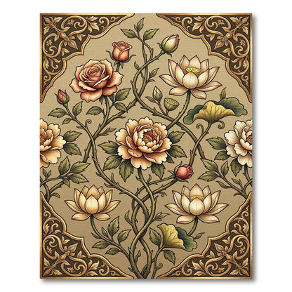 Golden Peach Floral Lotus Vine Rug